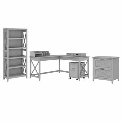 Bush Furniture Key West 60 L-Shaped Desk with File Cabinets, Bookcase and Desktop Organizers, Cape Cod Gray (KWS018CG)
