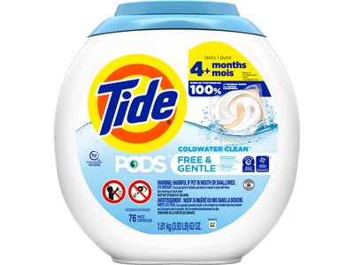 Tide PODS Free & Gentle HE Laundry Detergent Capsules, Coldwater Clean Scent, 63 oz., 76 Capsules/Pack (09488)