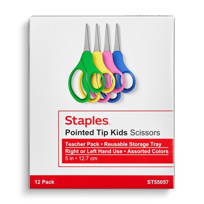 Staples Teacher Pack 5" Kids Pointed Tip Stainless Steel Scissors, Straight Handle, Right & Left Handed, 12/Pack (TR55057)