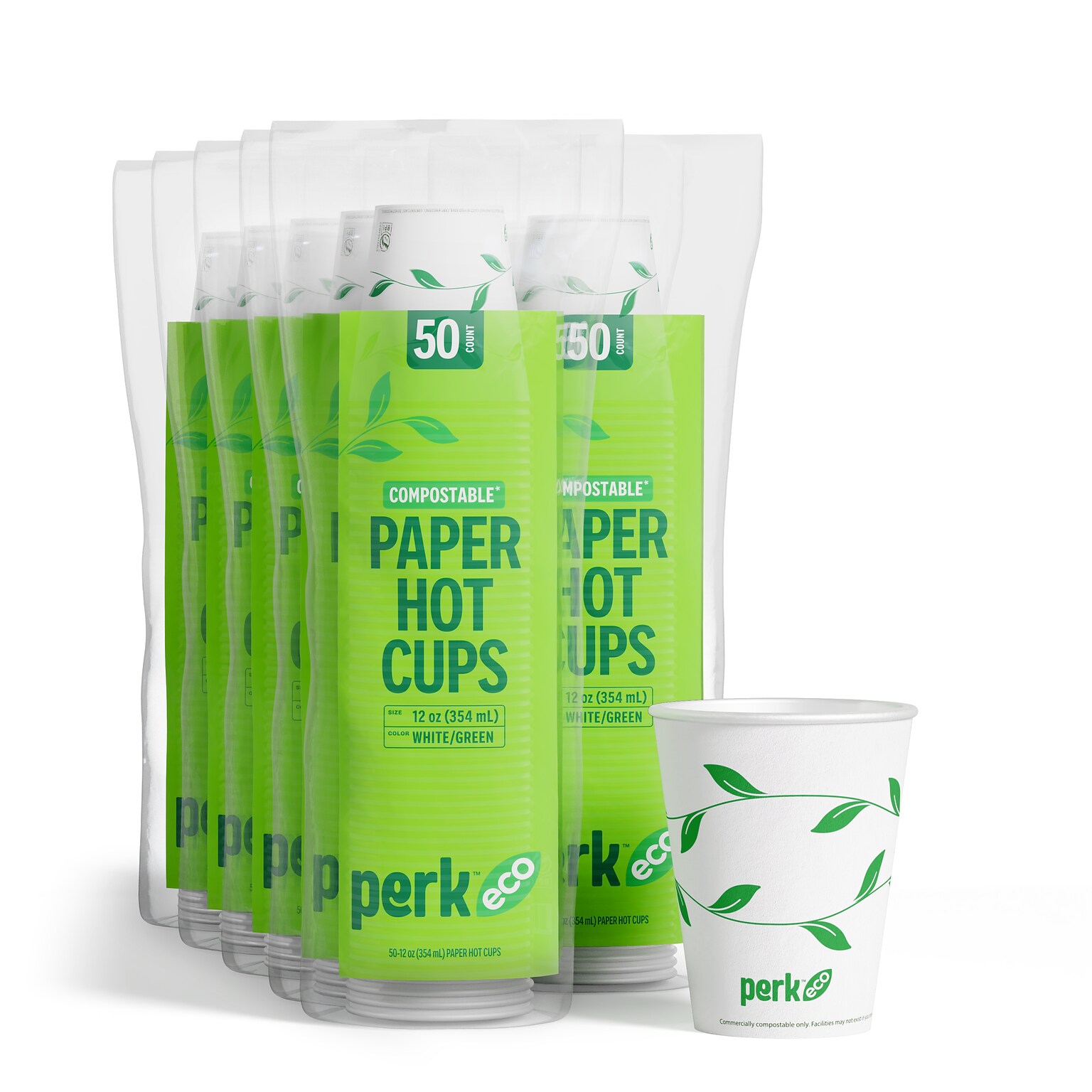 Perk™ Eco Compostable Paper Hot Cup, 12 Oz., White/Green, 500/Carton (PK56222CT)