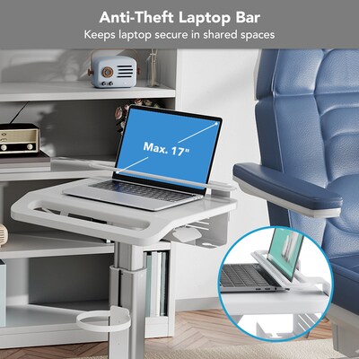 Mount-It! MedHub Height Adjustable Mobile Laptop Cart with Anti-Theft Bar, Storage, and Locking Wheels, White/Grey (MI-16030)