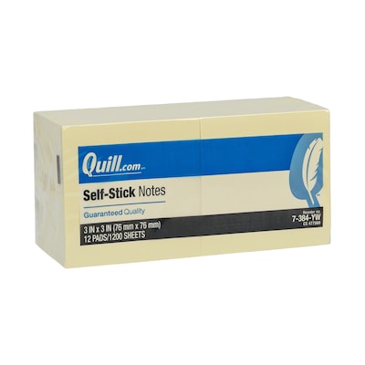 Quill Brand® Self Stick Notes, 3 x 3, Yellow, 100 Sheets/Pad, 12 Pads/Pack (7384YW)