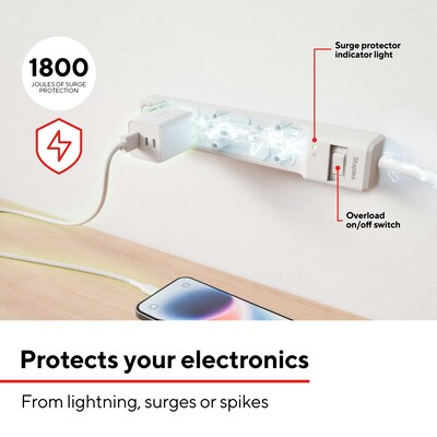 Staples TECH 6-Outlet Surge Protector, 2.5', 1800 Joules, White, 2/Pack (ST62763)