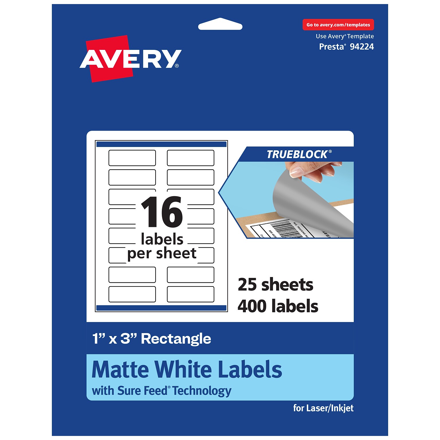 Avery TrueBlock Laser/Inkjet Rectangle Multipurpose Labels, 1 x 3, White, 400/Pack (94224)