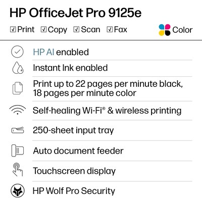 HP OfficeJet Pro 9125e Wireless Color Inkjet Printer, All-In-One, Print, Scan, Copy, Fax (403X0A#B1H)