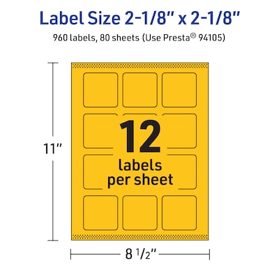 Avery Square Laser/Inkjet Multipurpose Labels, 2-1/8" x 2-1/8", Bright Yellow (960/Box)