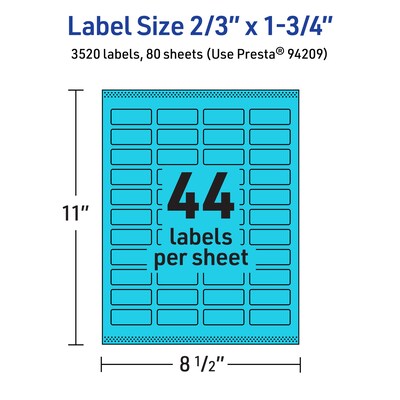 Avery Printable Rectangle Multipurpose Labels, 2/3" x 1-3/4", Bright Blue, 3520/Box (94209)