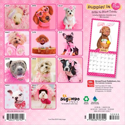 2026 BrownTrout Puppies in Pink 7 x 7 Monthly Wall Calendar (9798330707942)