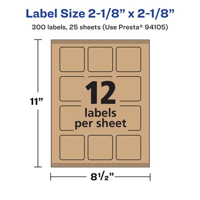Avery Laser/Inkjet Square Multipurpose Labels, 2-1/8" x 2-1/8", Kraft Brown, 300 Labels/Pack ( 94105)