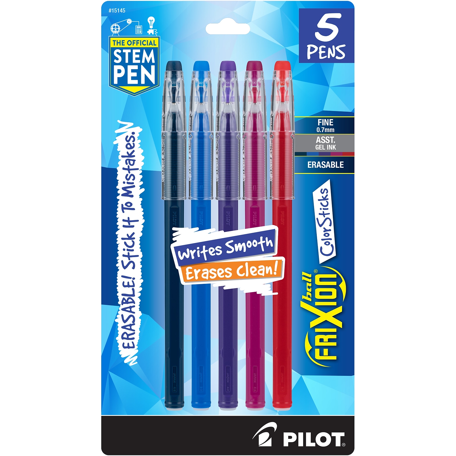 Pilot FriXion Colorsticks Erasable Gel Pens, Fine Point, Assorted Ink, 5/Pack (32443/15145)