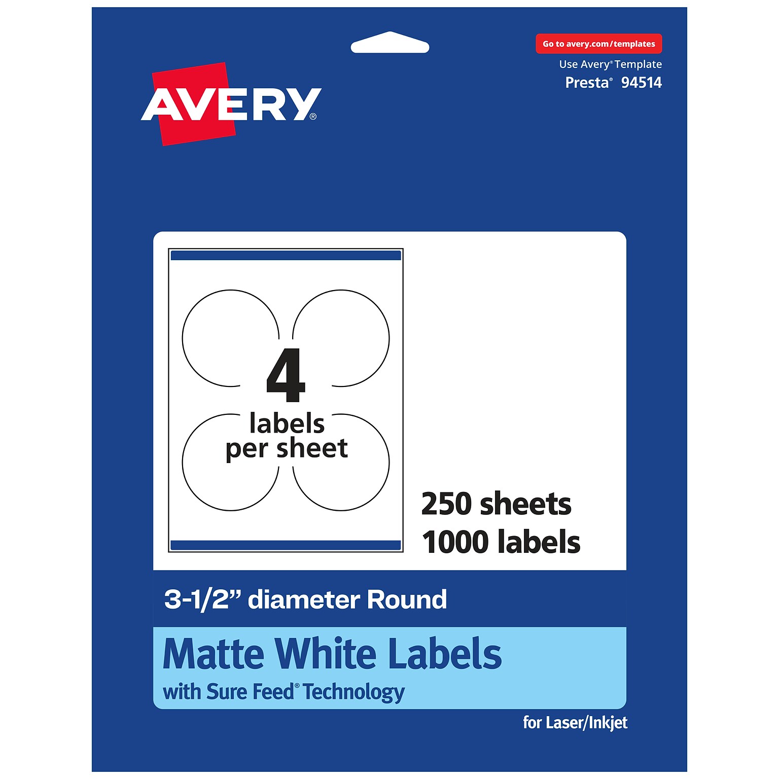 Avery Laser/Inkjet Round Multipurpose Labels, 3.5 Dia., White, 1000 Labels/Box (94514)
