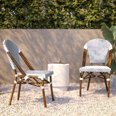 Flash Furniture Lourdes Contemporary Aluminum and PE Rattan Bistro Stacking Chair, White/Navy/Natural (SDA6421FWHNVNAT)