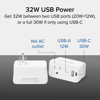 Plugable Wall Outlet Extender with USB-C and USB Charger, White (PS1-CA1)