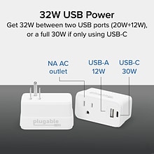 Plugable Wall Outlet Extender with USB-C and USB Charger, White (PS1-CA1)