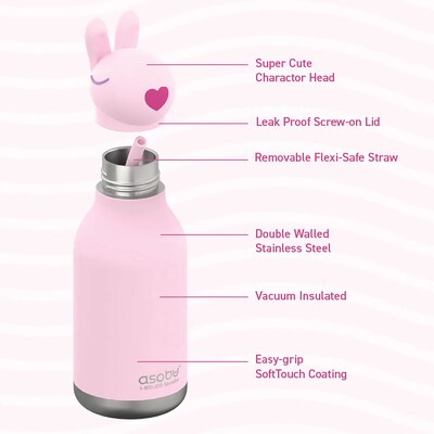 ASOBU Bestie Bottle Bunny Vacuum Insulated Stainless Steel Water Bottle with Reusable Flexi Straw, 16 oz., Pink (SBV44BU)