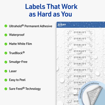 Avery Waterproof Rectangle Laser Multipurpose Labels, 5/8 x 3, White, 800/Pack (19479399229)