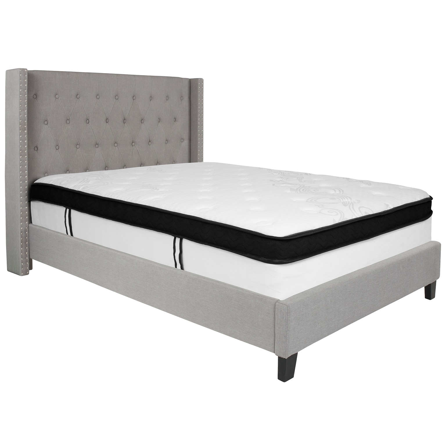 Flash Furniture Riverdale Tufted Upholstered Platform Bed in Light Gray Fabric with Memory Foam Mattress, Full (HGBMF42)