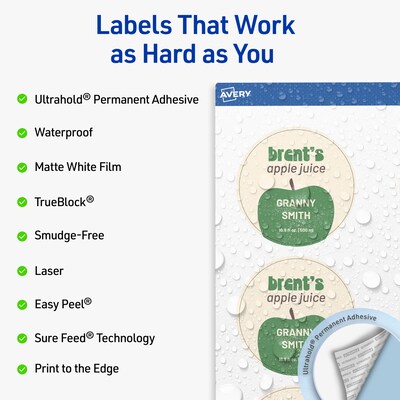 Avery Waterproof Round Laser Multipurpose Labels, 3 Dia., White, 600/Box (19479399451)