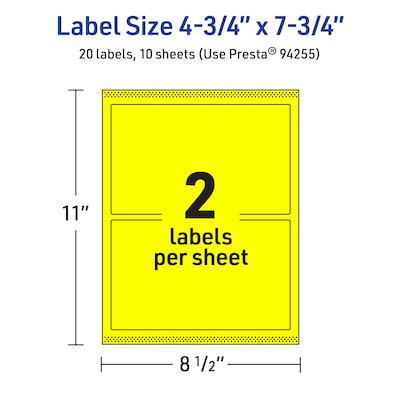 Avery Rectangle Laser/Inkjet Multipurpose Labels, 4.75" x 7.75", Neon Yellow (20/Pack)