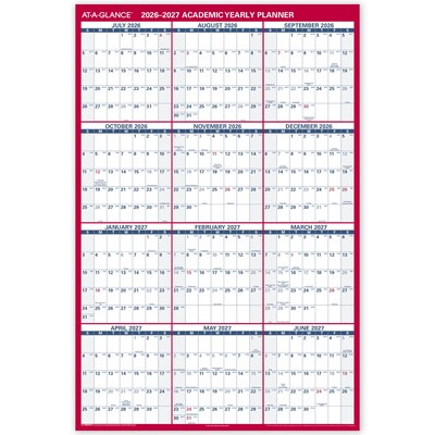 2026-2027 AT-A-GLANCE 48 x 32 Academic Yearly Wet-Erase Wall Calendar, Reversible, White/Red (PM36AP-28-27)