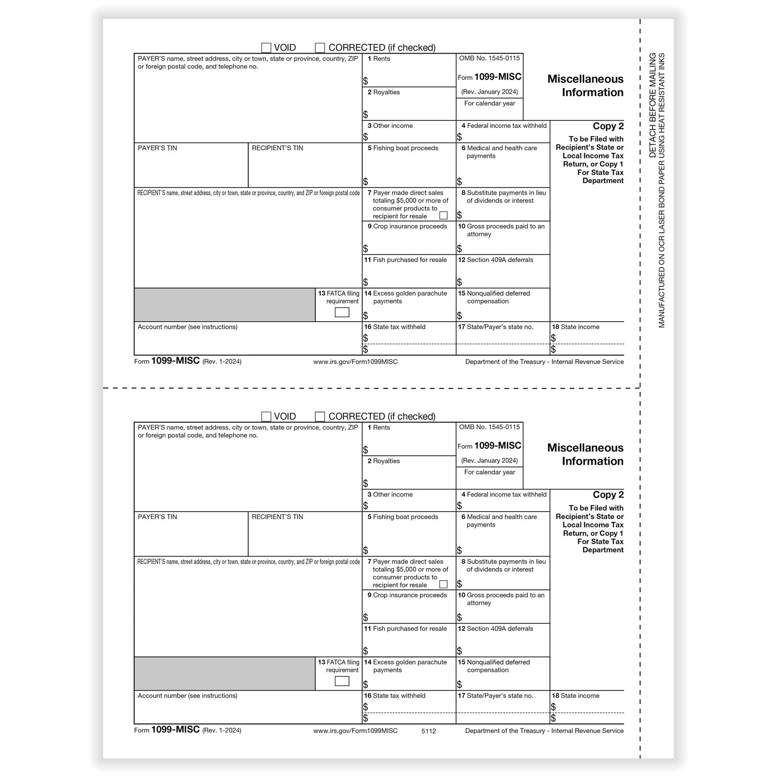 ComplyRight 2024 1099-MISC Tax Form, 1-Part, 2-Up, Payer Copy C, 50/Pack (511250)