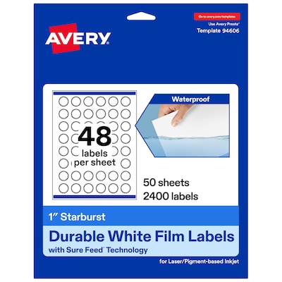 Avery Laser/Inkjet Starburst Waterproof Multipurpose Labels, 1  Dia, White, 2400/Box (94606)