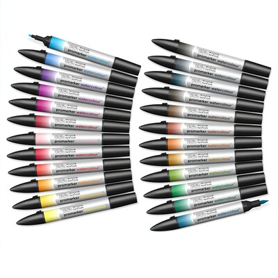 Winsor & Newton Promarker Dual-Tip Watercolor Alcohol Based Marker, Basic Collection, 24/Pack (WNX0290171)