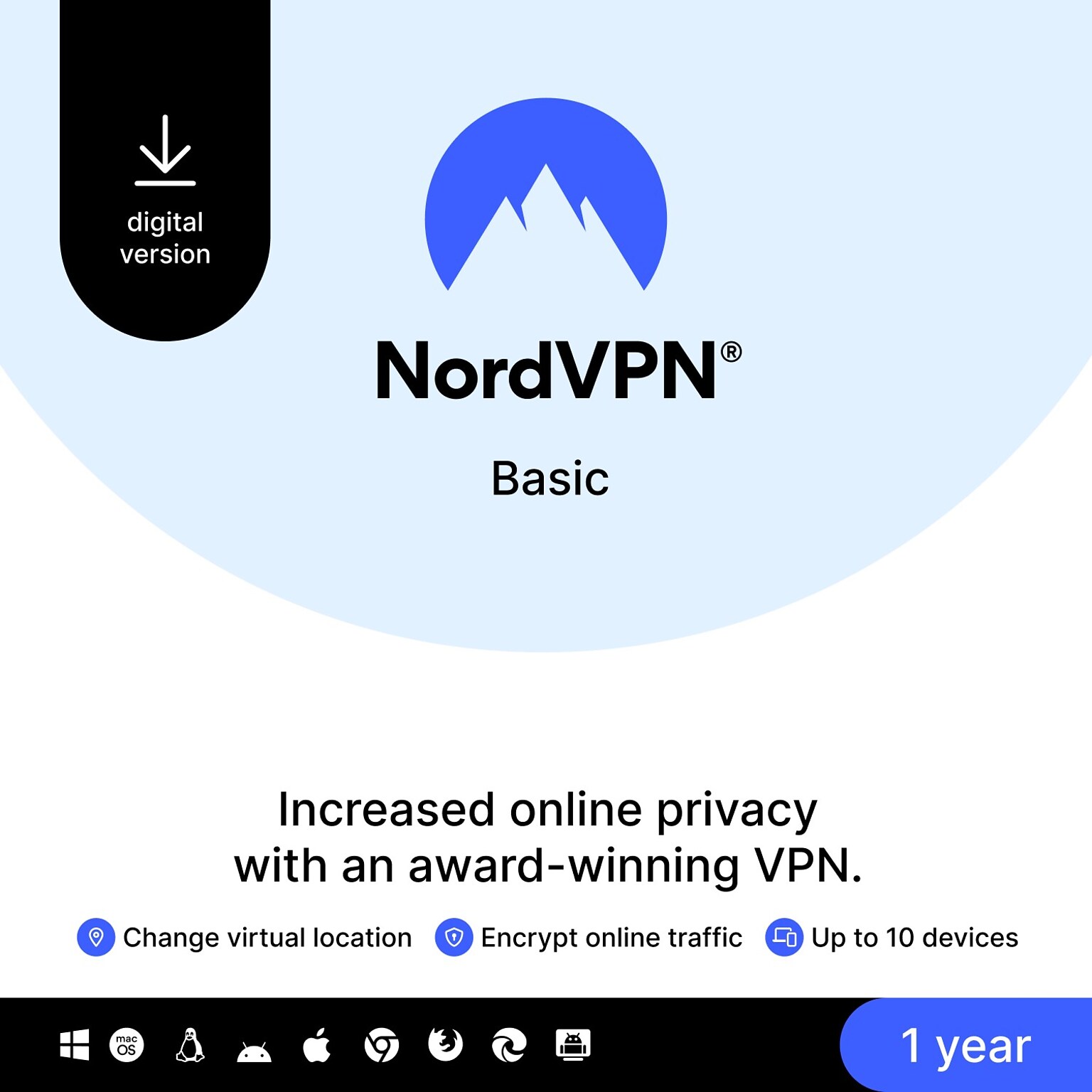 NordVPN Basic 1-Year VPN Service for up to 10 Devices, Windows, Mac, iOS, Linux, Android, Download (REL949800V010)