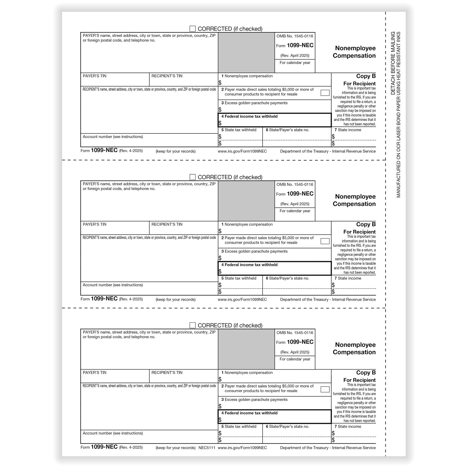 ComplyRight 2025 1099-NEC Tax Form, 1-Part, 3-Up, Recipient Copy B, 50/Pack (NEC511150)