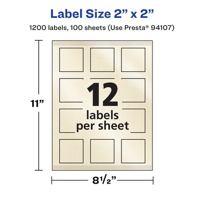 Avery Pearlized Ivory Square Multipurpose Labels, 2" x 2", Ivory, 1200/Box (94107)