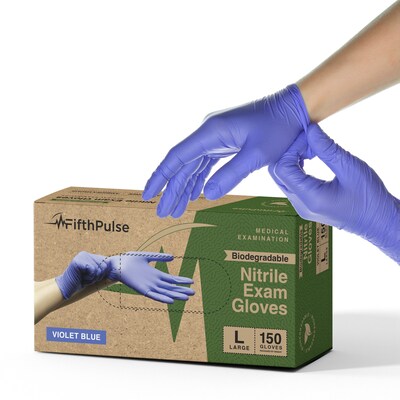 FifthPulse Biodegradable Powder Free Nitrile Exam Gloves, Latex Free, Large, Violet Blue, 150 Gloves