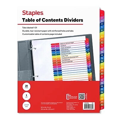 Staples Customizable Table of Contents Numeric Dividers, 1–31 Tabs, Multicolor
