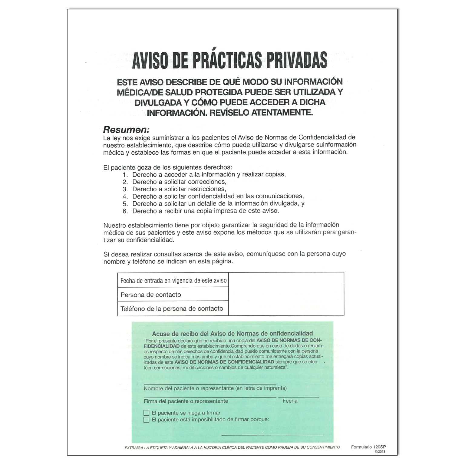 Cosco Notice of Privacy Practices, Spanish, 8-Part, 250 Forms/Pack (074046)