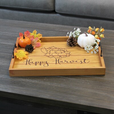 Elegant Designs "Happy Harvest" Decorative Wood Serving Tray w/ Handles, 15.50" x 12", Natural Wood (HG2000-NHH)