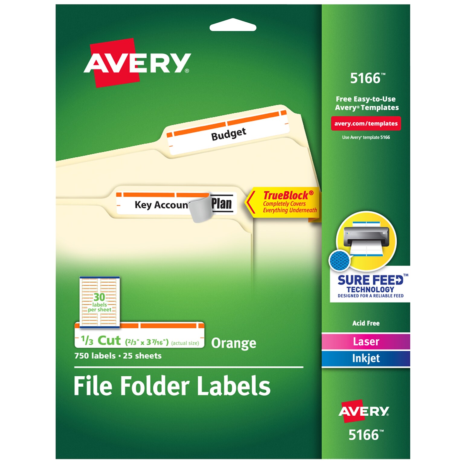 Avery TrueBlock Laser/Inkjet File Folder Labels, 2/3 x 3-7/16, White/Orange, 750 Labels/Pack (5166)