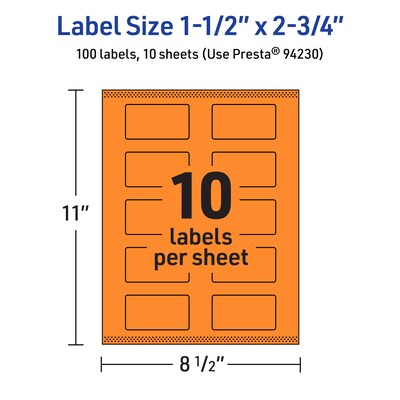 Avery Laser/Inkjet Multipurpose Rectangle Labels, 1.5" x 2.75", Bright Orange, 100/Pack (94230)