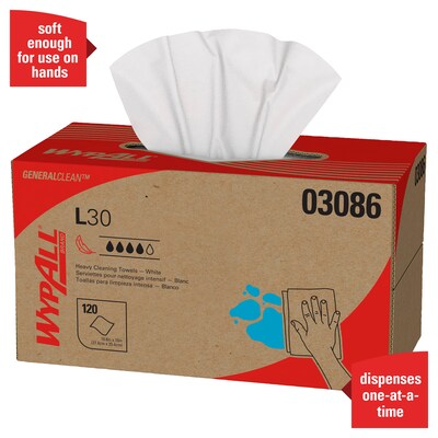 WypAll GeneralClean L30 Cleaning Cloths, 10" x 10.8", White, 12 Sheets/Box, 10 Boxes/Carton (03086)