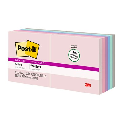 Post-it® Recycled Super Sticky Notes, 3" x 3", Wanderlust Pastels Collection, 90 Sheets/Pad, 12 Pads/Pack (654-12SSNRP)