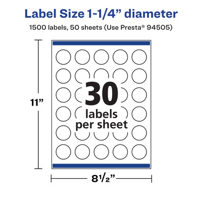 Avery Laser/Inkjet Round Multipurpose Labels, 1.25" Dia., 1500 Labels/Box (94505)