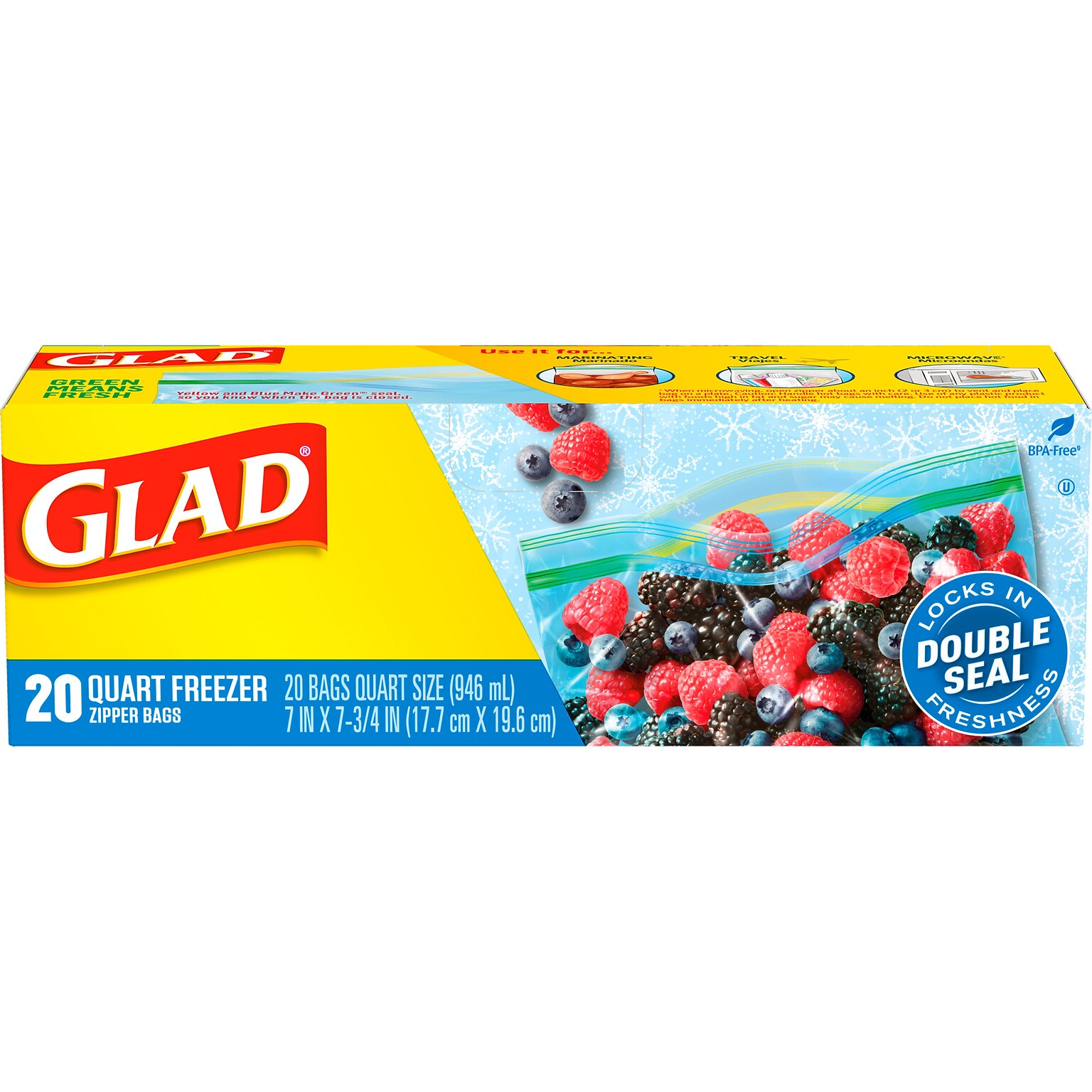 Glad Zipper Freezer Storage Bags, Quart, 20 Bags/Box (57035)