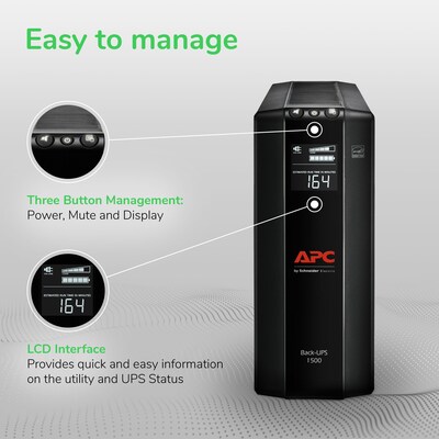 Schneider Electric Back UPS Pro Battery Backup and Surge Protector, Compact Tower, 1500VA, AVR, LCD, 120V, Black (BX1500M)