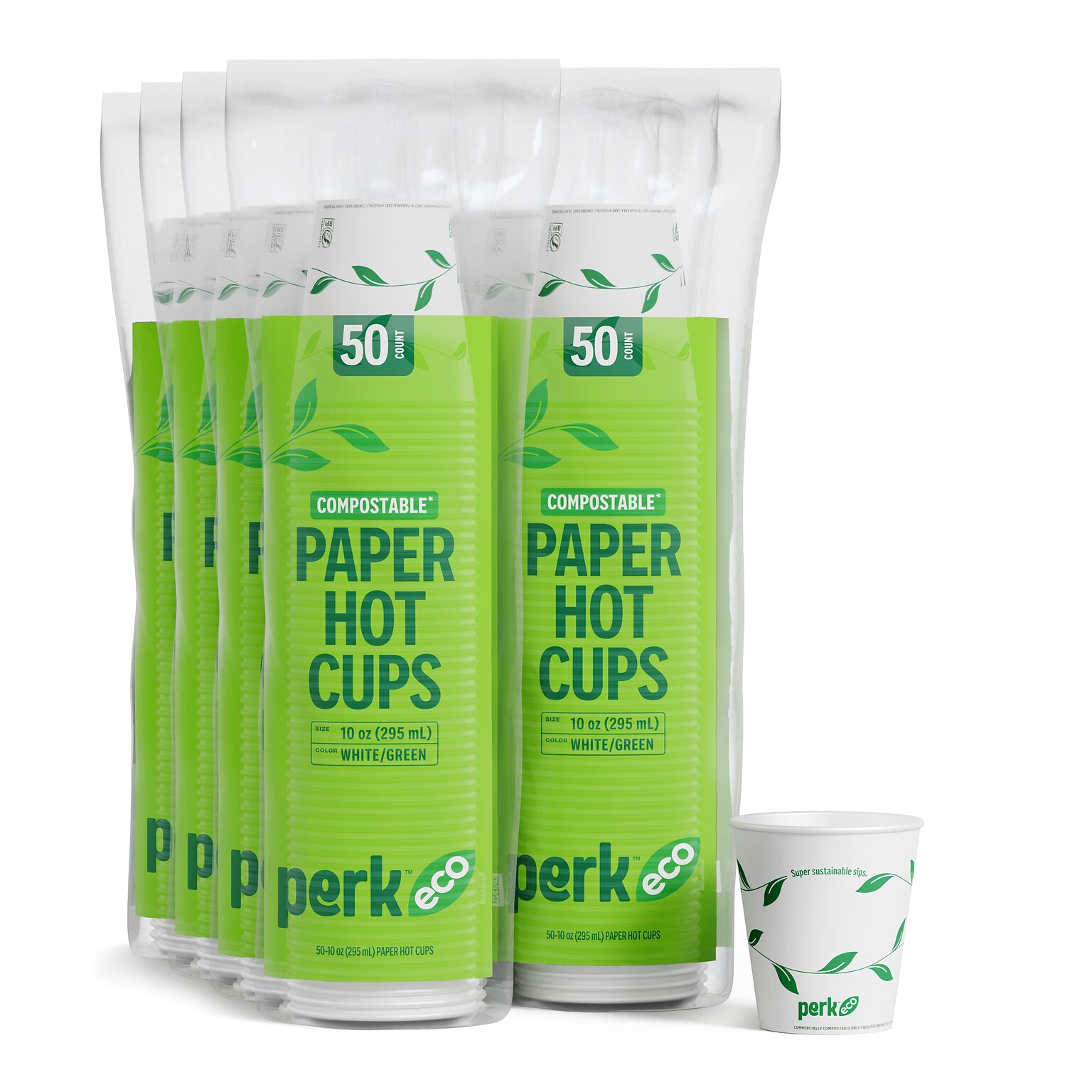 Perk™ Eco Compostable Paper Hot Cup, 10 Oz., White/Green, 500/Carton (PK56223CT)