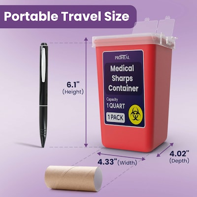 ProHeal Small Sharps Containers for Home Use,  1 Quart Needle Disposal Portable for Biohazard Medical Waste, 10/Pack (PH-16384H)