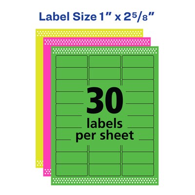 Avery Sure Feed Laser Address Labels, 1 x 2 5/8", Assorted Neon Colors, 450 Labels/Pack (5979)