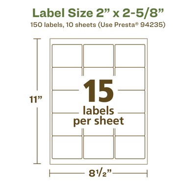 Avery EcoFriendly Laser/Inkjet Rectangle Multipurpose Labels, 2" x 2-5/8", White, 150/Pack (94235)