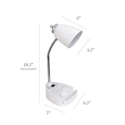 Simple Designs Gooseneck Organizer LED Desk Lamp, 18.50", with iPad Tablet Stand and Charging Outlet, White (LD1057-WHT)