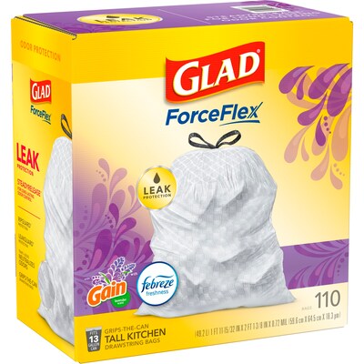 Glad OdorShield 13 Gallon Kitchen Trash Bag, 10.18" x 9.81", Low Density, 0.72 mil, Mediterranean Lavender, White (79157)