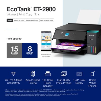 Epson EcoTank ET-2980 Wireless All-in-One Color Supertank Printer, Black (C11CL41201)