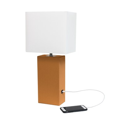 Lalia Home Lexington 21" Leather Base Modern Home Décor Bedside Table Lamp, White Rectangular Fabric Shade, Tan (LHT-3012-TN)
