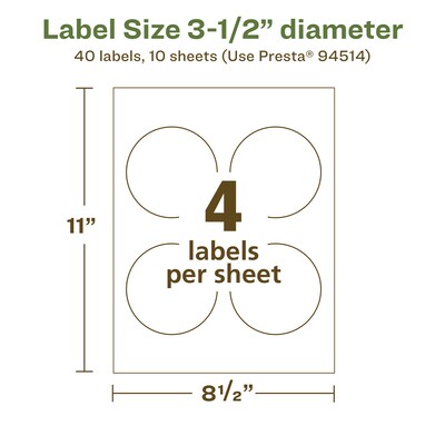 Avery EcoFriendly Laser/Inkjet Circle Multipurpose Labels, 3-1/2" Dia., White, 40/Pack (94514)